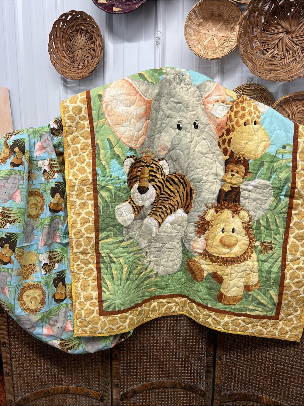 Baby crib quilt and sheet jungle animals bedding lion elephant giraffe nursery